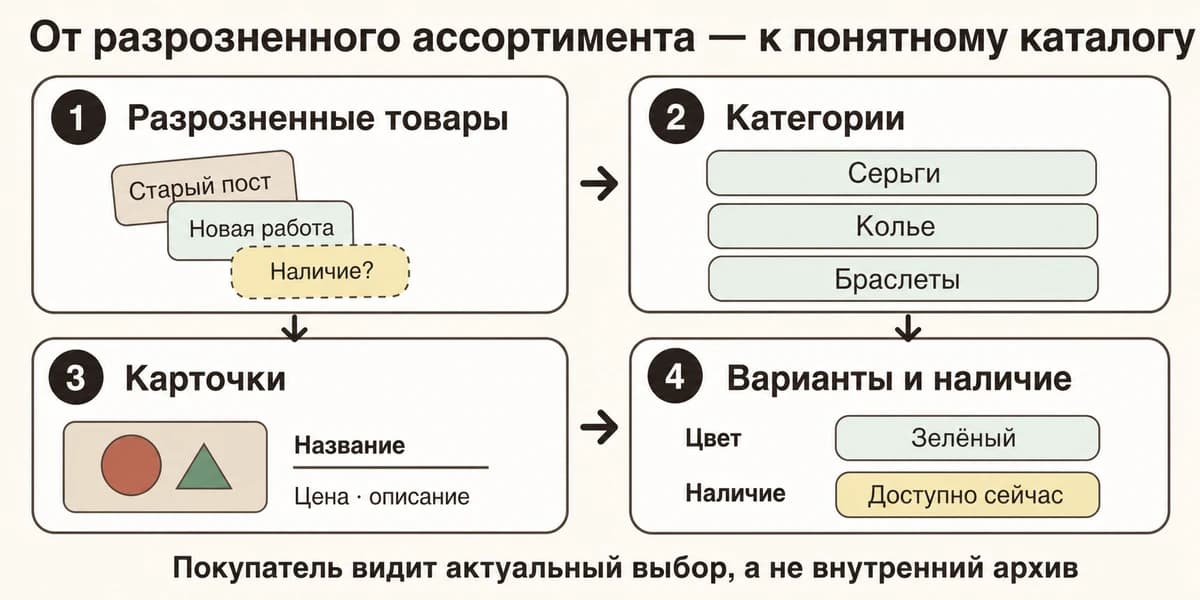 Схема перехода от разрозненных товаров к категориям, карточкам, вариантам выбора и понятному наличию