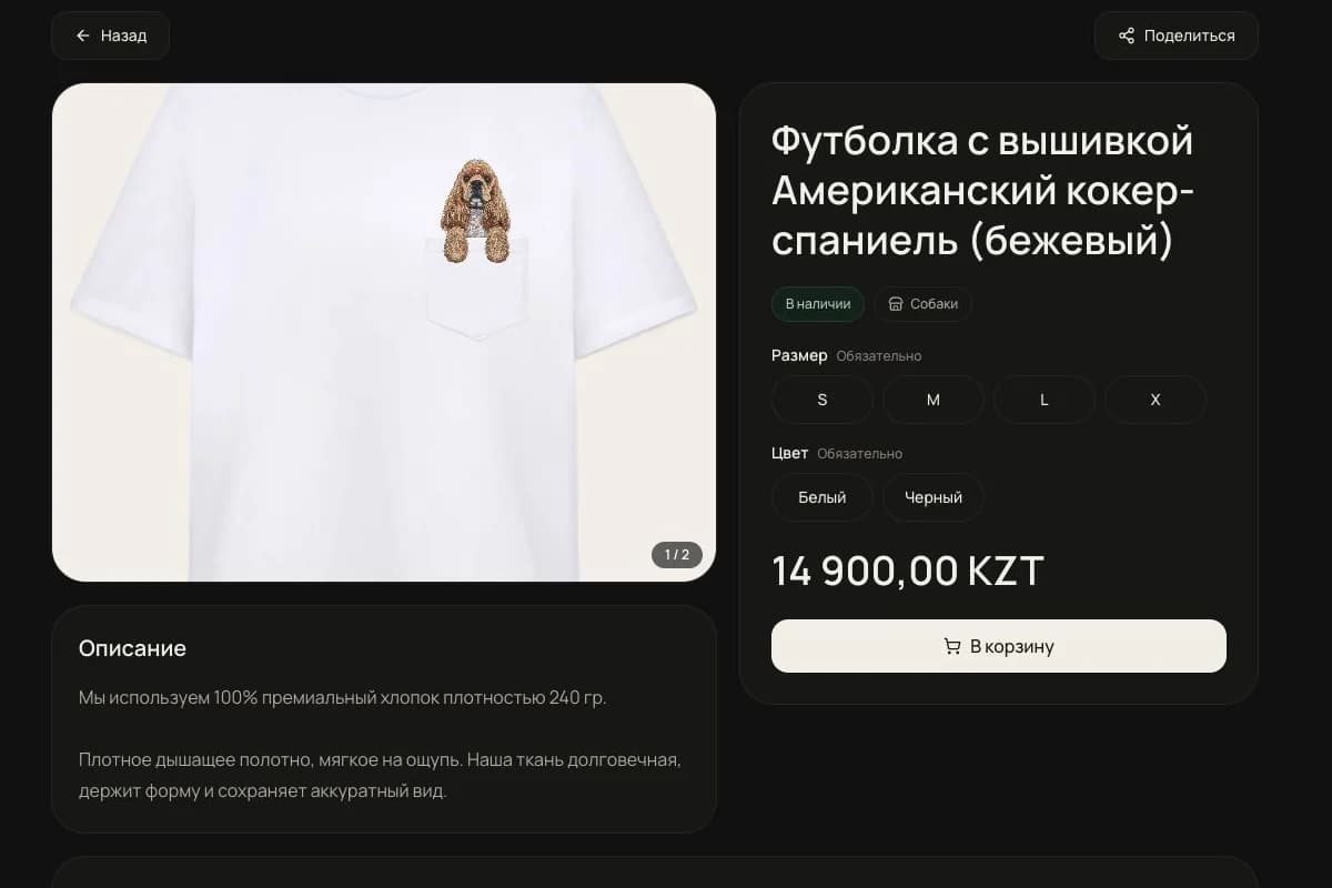 Демонстрационная карточка товара FastyShop с категорией, наличием и выбором размера и цвета