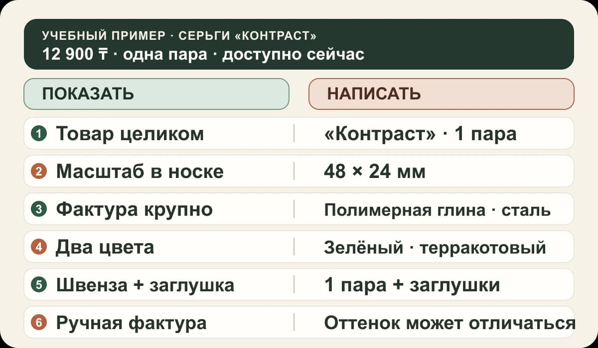 Шесть пар подсказок: что показать на фото и какие сведения написать в карточке handmade-серёг