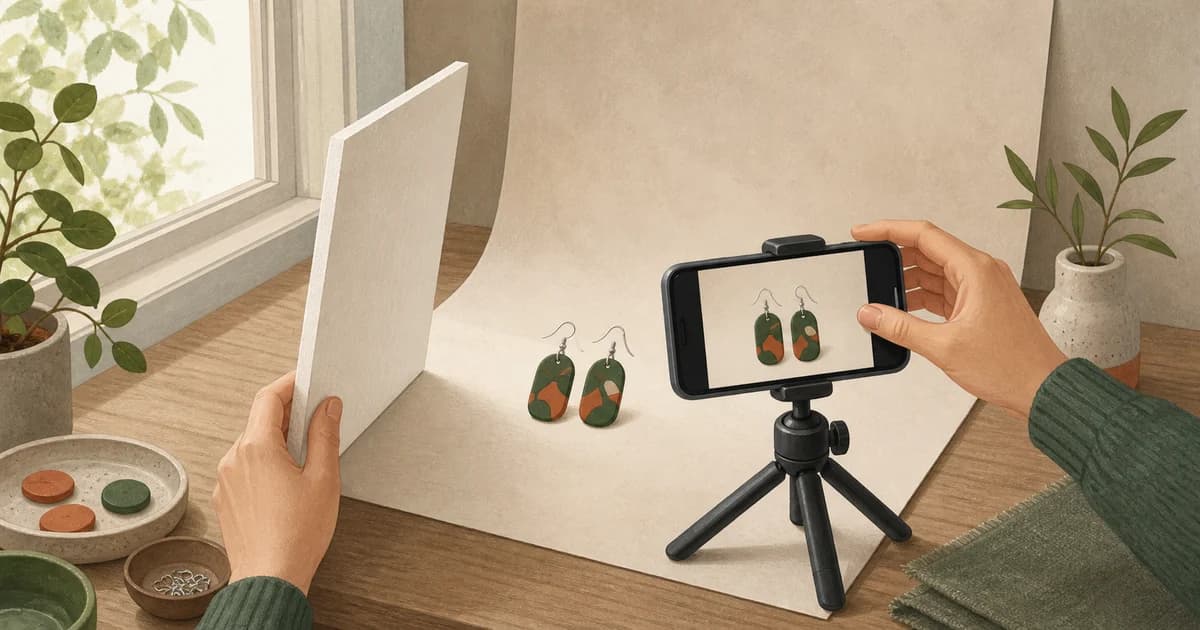 Иллюстрация домашней съёмки handmade-серёг на телефон у окна с нейтральным фоном и белым отражателем